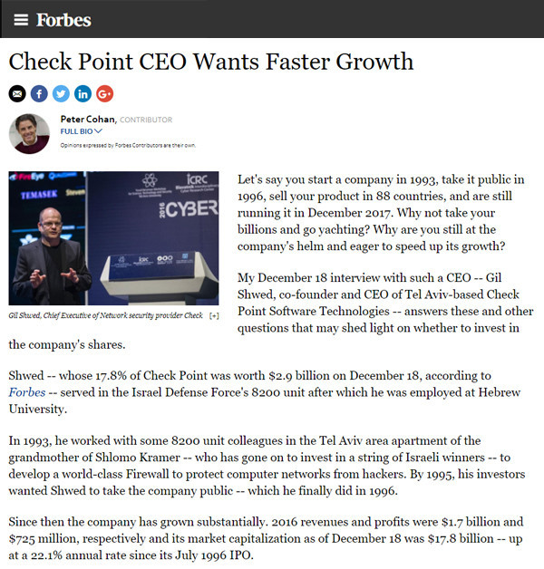 CHECKPOINT IN Forbes: Check Point CEO Wants Faster Growth