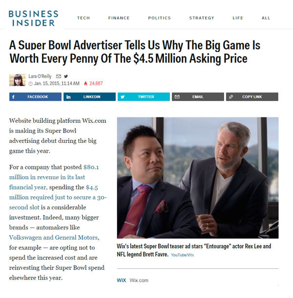 WIX IN Business Insider: A Superbowl Advertiser Tells Us Why The Big Game is Worth Every Penny
