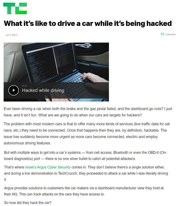 ARGUS IN Techcrunch: What it’s like to drive a car while it’s being hacked